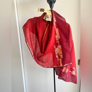 Fabindia NWT silk blend Jamdani scarf Stole Blood 🩸 red & gold handwoven 70"